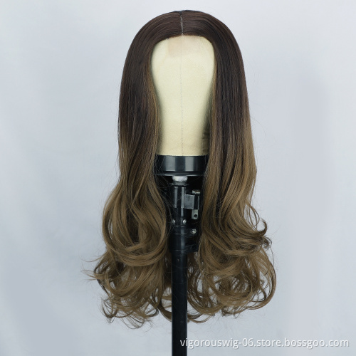 ombre brown Long Wavy Wig for women Middle Part Synthetic Lace Wig Heat Resistant Fiber for Daily Party cosplay Use